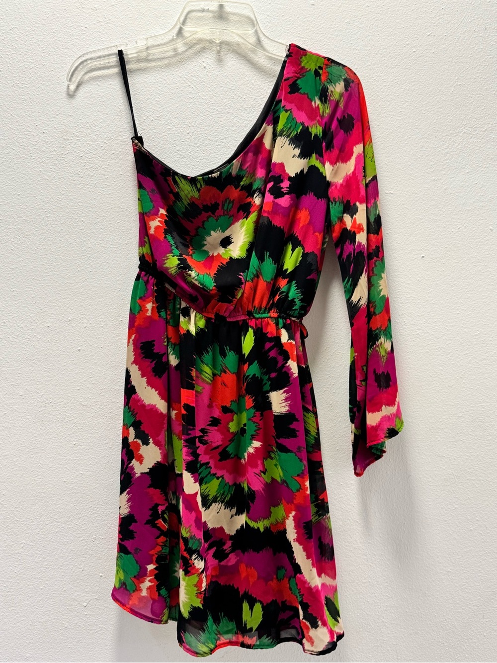 One-Shoulder Floral Tie-Dye Dress in Pink & Green